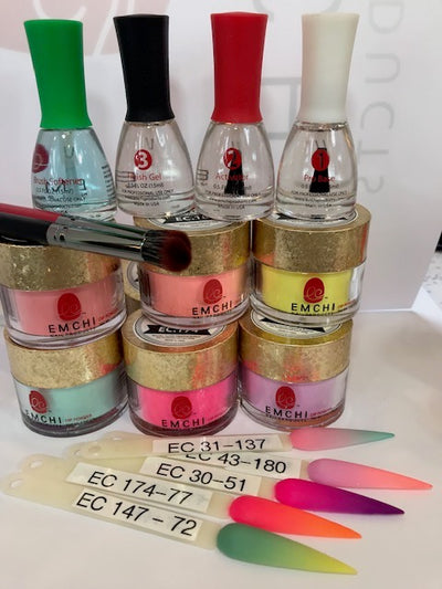4 bottles of dip powder liquids, 1 ounce jars of vibrant dip powder colors, and 2 Ombré nail brushes