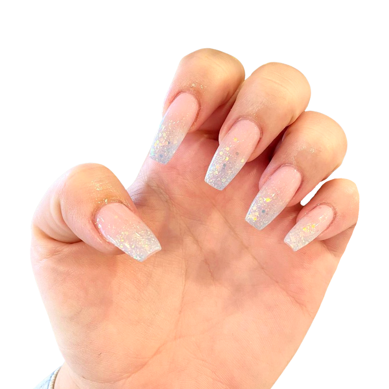 White & Pink Glitter Ombré Nails - EMCHI Dip Powder Gemini, shown with 